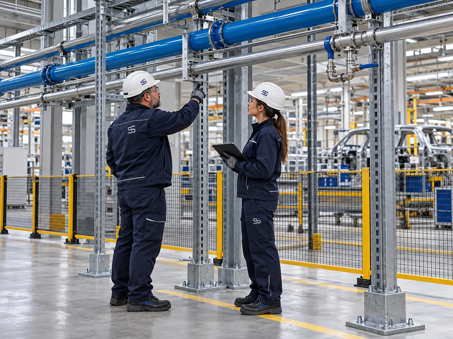 Dois técnicos a rever suportes e tubagens novos numa fábrica automóvel, com a linha de produção ao fundo