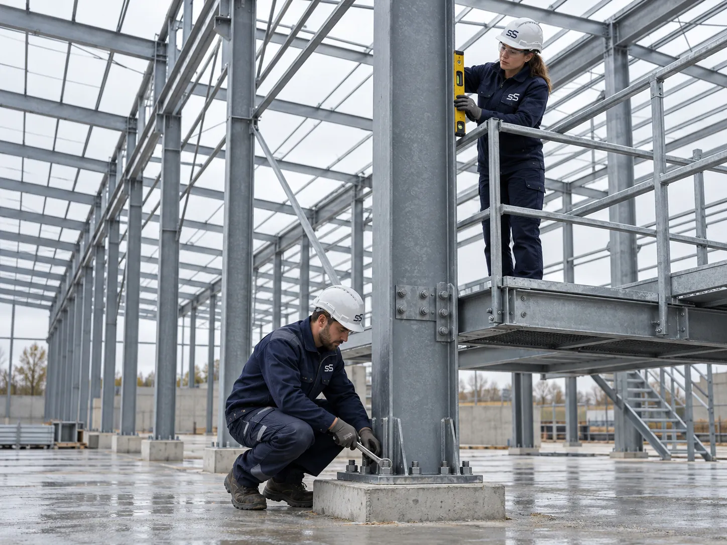 Estrutura metálica galvanizada de uma nave em montagem: um técnico aperta a base de um pilar e outra nivela-o da plataforma