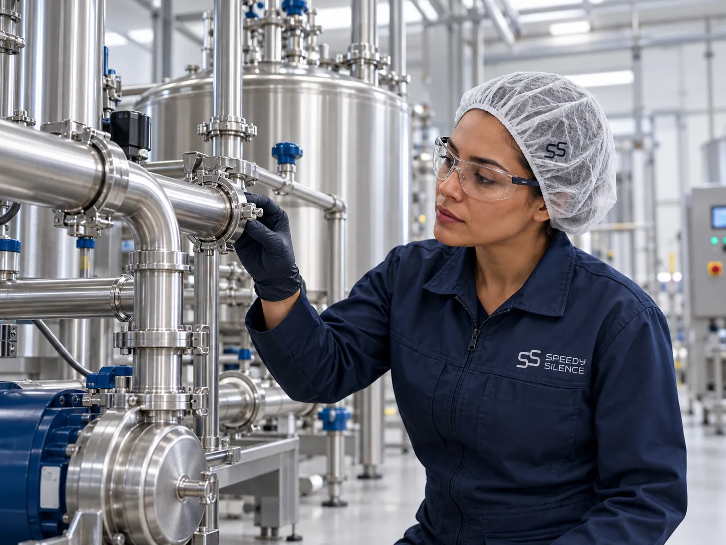 Técnica de touca e óculos a verificar uma braçadeira numa linha de tubagem em inox sanitário