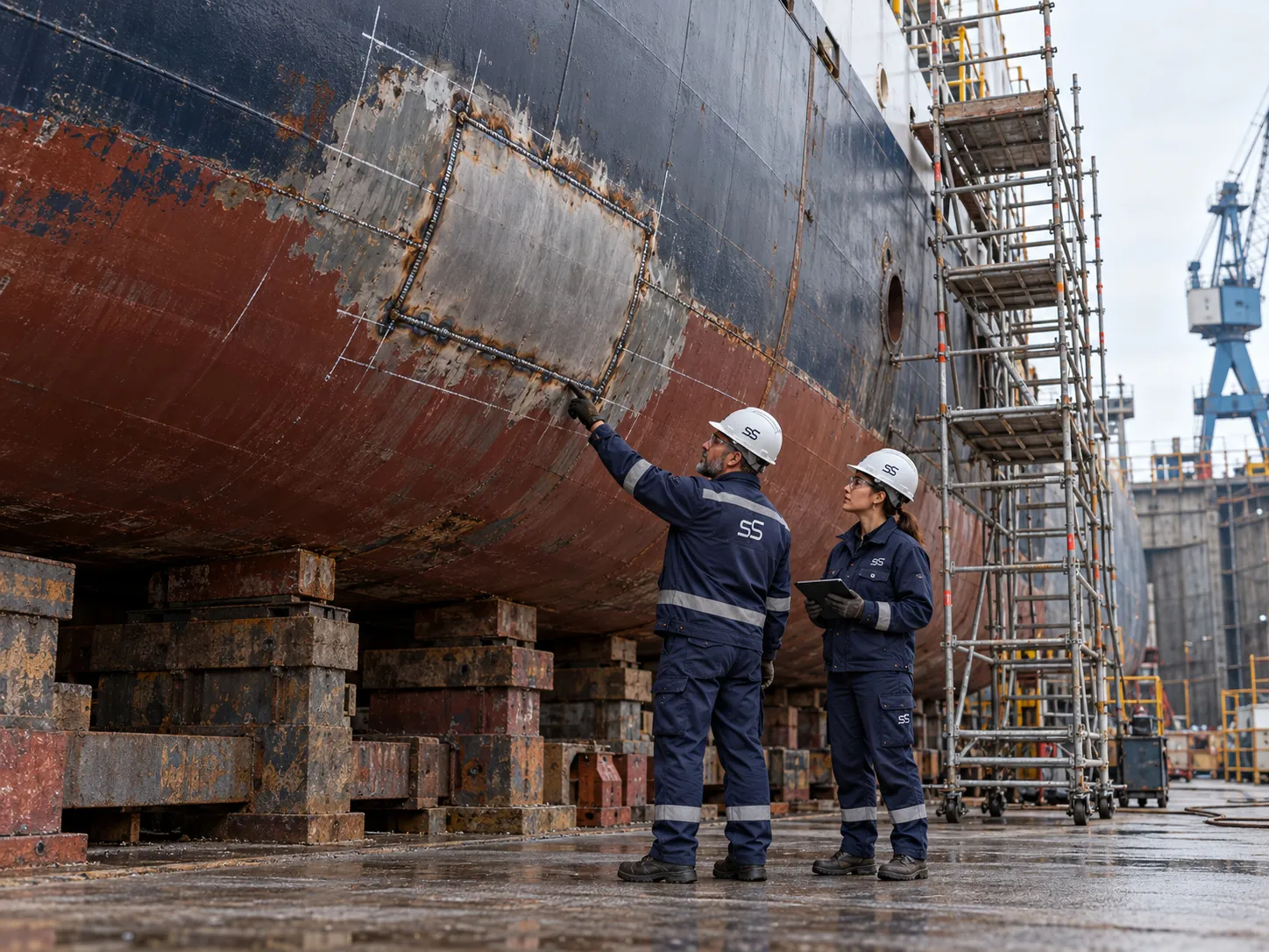 Dois técnicos em doca seca a apontar para chapa nova soldada no casco de um navio, junto a andaimes